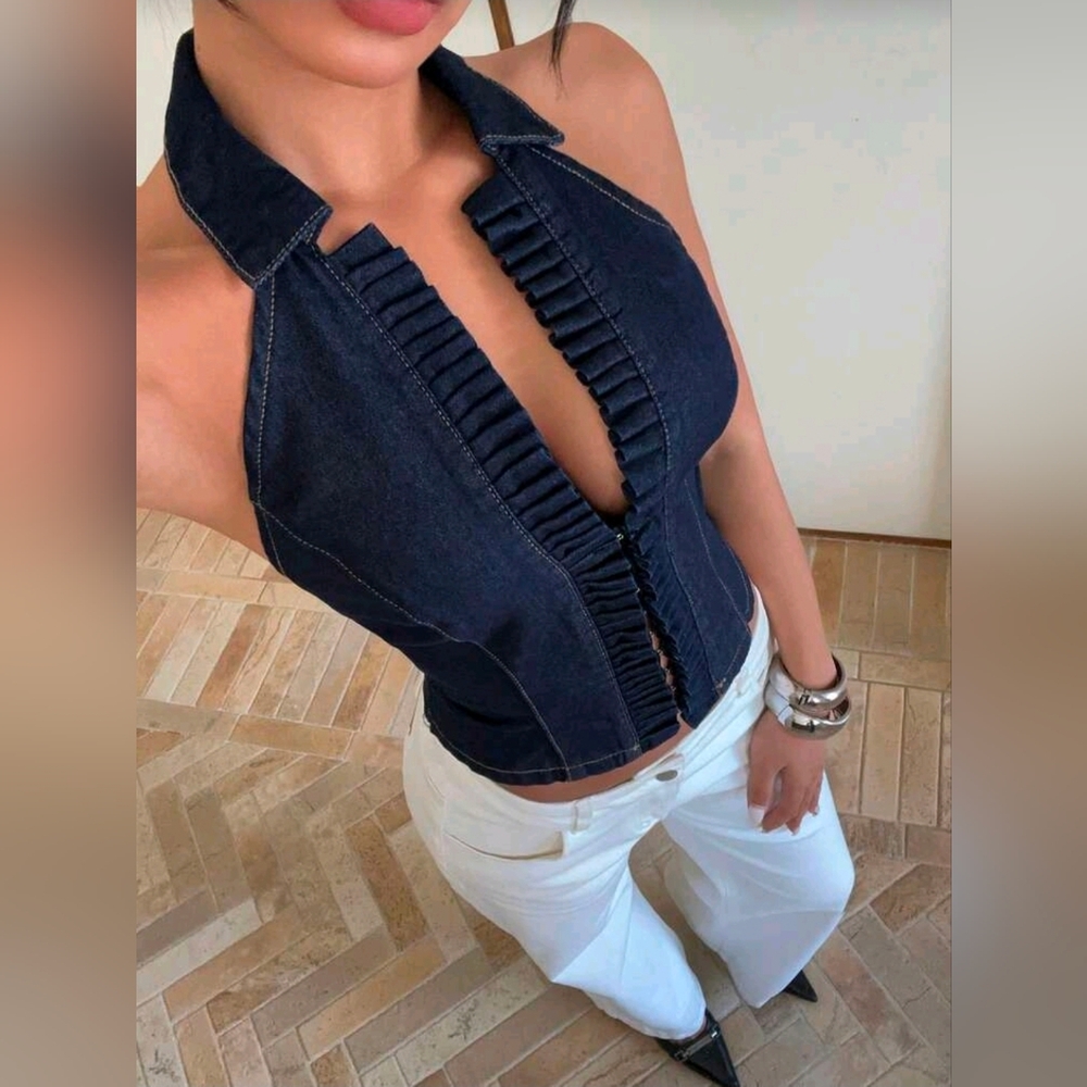 Dark Blue Denim Halter Ruffle Front Top - Picture 6 of 8